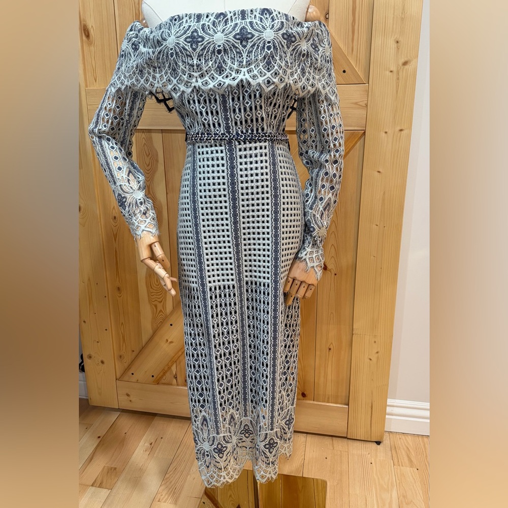 Crochet Knit Maxi Dress in Light Gray and Navy